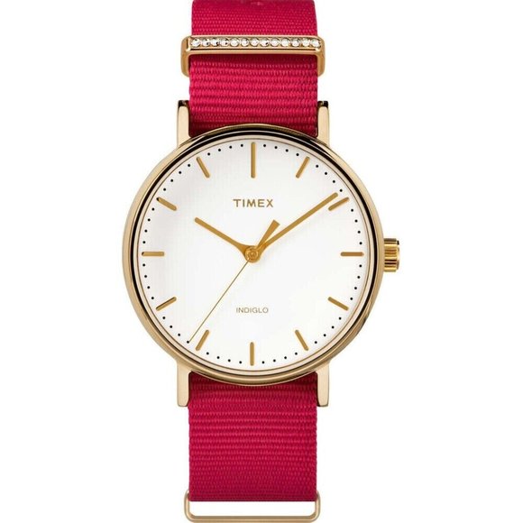 $159 MSRP- Timex Fairfield Women\'s Gold-Tone Swarovski Analog Watch Nylon Strap